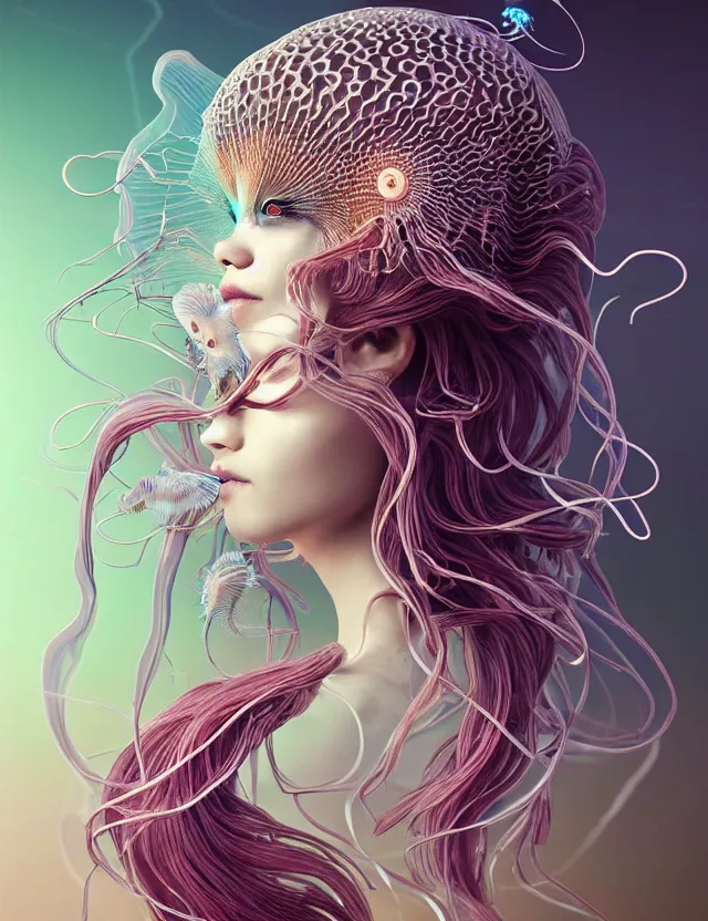 Prompt: 3 d goddess jellyfish half - turn portrait with long hair with ram skull. beautiful intricately detailed japanese crow kitsune mask and clasical japanese kimono. betta fish, jellyfish phoenix, bio luminescent, plasma, ice, water, wind, creature, artwork by tooth wu and wlop and beeple and greg rutkowski