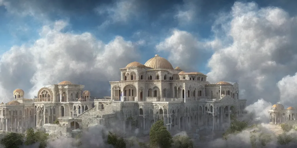 Image similar to beautiful digital illustration of a Byzantine palace in the clouds, surrounded by fluffy cotton candy clouds, pastel color scheme, establishing shot, cinematic, architecture, concept art, deviantArt, artsation, artstation HQ, HD, 16k resolution, smooth, sharp detail, amazing depth, octane, finalRender, Unreal Engine