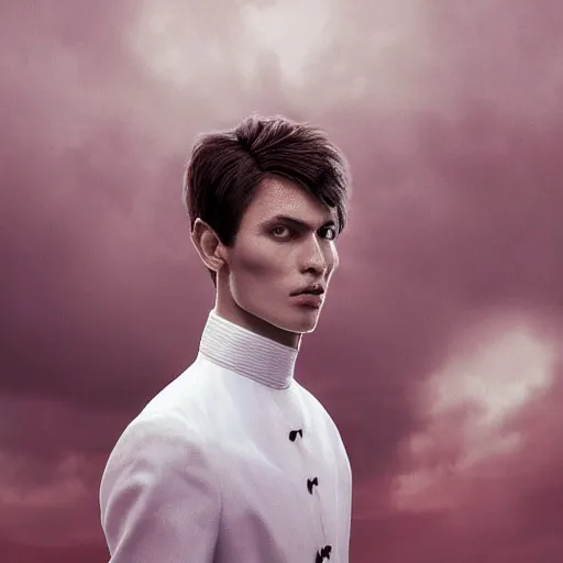 Prompt: portrait of a regal prince with sharp cheekbones wearing all white clothes, high collar, close up, wistful melancholic hopeful expression, super details, crowd of angry people staring at him in the background red and furious, modern digital art, matte painting, science fiction