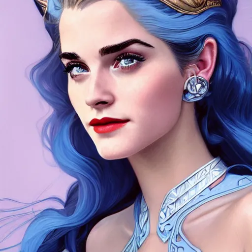 Image similar to A combination of Grace Kelly's and Emma Watson's and Katherine McNamara's faces with blue hair as She-Ra, western, D&D, fantasy, intricate, elegant, highly detailed, digital painting, artstation, concept art, matte, sharp focus, illustration, art by Artgerm and Greg Rutkowski and Alphonse Mucha