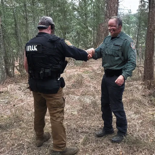 Prompt: a skin walker and federal agents shaking hands