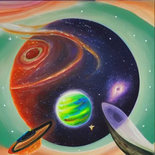 Prompt: galaxy sized dog is biting some planets, oil painting