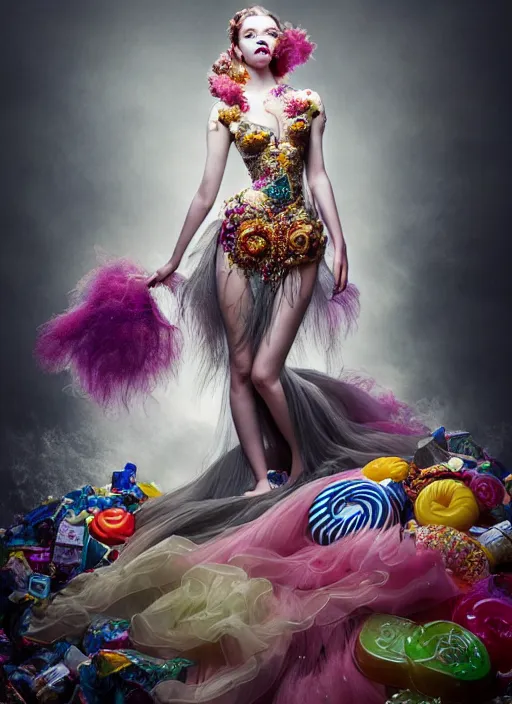 Image similar to expressive full body photo of anya taylor - joy, dress made of sweets and candies, glamour shot, by karol bak, stefan gesell, photorealistic, nikon d 4 x, fashion photography, hyper maximalist, elegant, ornate, luxury, elite, environmental portrait, symmetrical features, octane render, unreal engine, solid dark grey background, dramatic lights