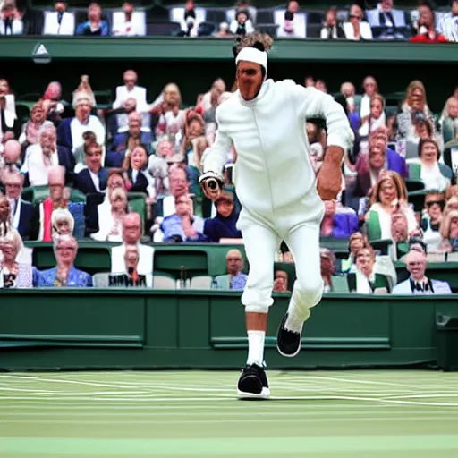 Image similar to a man dressed as a penguin runs on Wimbledon center court during match between Nadal and Tiafoe