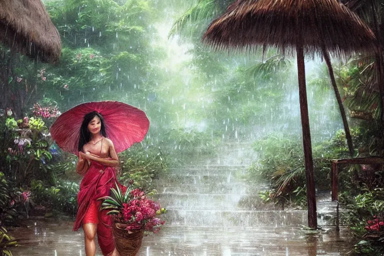 Image similar to ultra realistic illustration, closeup photo, monsoon on tropical island, attractive oriental woman, frontal, ornate, beautiful, atmosphere, vibe, mist, coconuts, rain, wet, pristine, puddles, melting, dripping, creek, bridge, forest, roses, flowers, by stanley artgerm lau, thomas kindkade