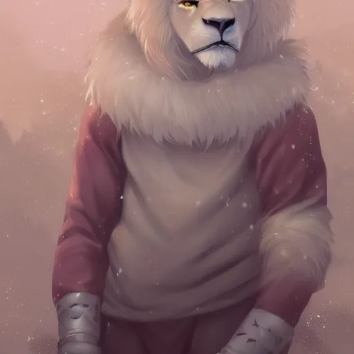 Image similar to aesthetic portrait commission of a albino male furry anthro lion wearing a cozy outfit in the snow pastel, Character design by charlie bowater, ross tran, artgerm, and makoto shinkai, detailed, inked, western comic book art, 2021 award winning painting