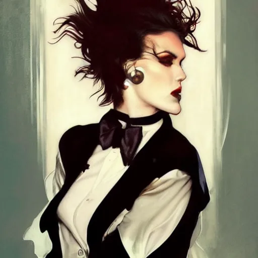 Prompt: beautiful portrait of androgynous ruby rose as desire from sandman in a white tuxedo!!!, rockabilly style, by alphonse mucha, cedric peyravernay, by jeremy mann, by frank moth, white suit and black tie, smoking cigarette, soft lightning, high detailed, 8 k