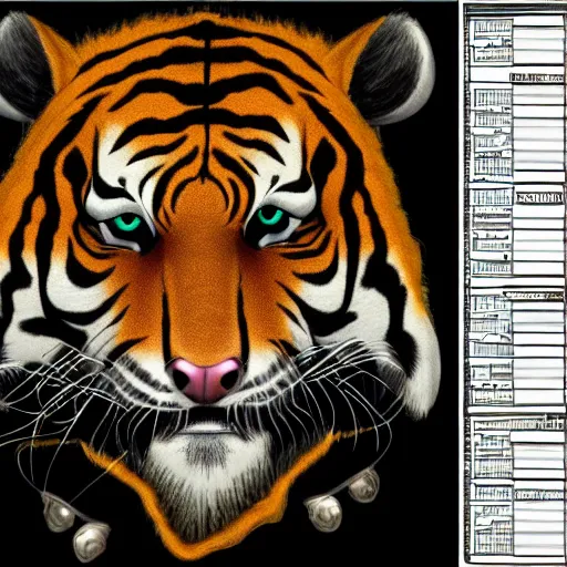 Image similar to Tiger man inspired by HR Giger, Character reference Sheet