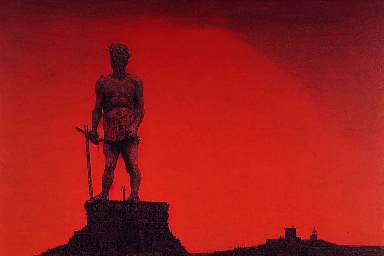 Image similar to only with red, caesar after war, a red tiger, in hoc signo vinces, rome in background, an ancient path, in the style of beksinski, part by hopper, part by rodcenko, part by hofbauer, intricate composition, red by caravaggio, insanely quality, highly detailed, masterpiece, red light, artstation