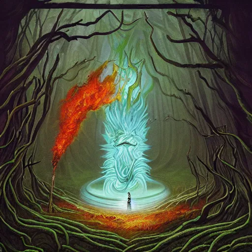 Image similar to a beautiful matte painting of an eldritch horror emerging out of an evil flaming and smoking portal into a lush forest, art by kelly freas and joe sorren, f 1 6, trending on artstation