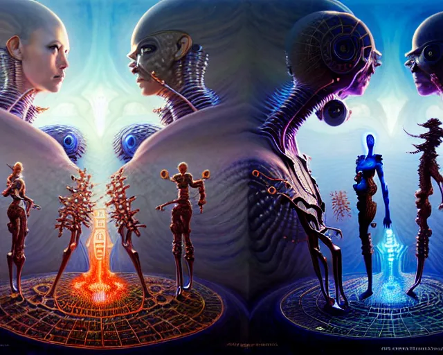 Image similar to the battle of humans against androids, fantasy character portrait made of fractals facing each other, ultra realistic, wide angle, intricate details, the fifth element artifacts, highly detailed by peter mohrbacher, hajime sorayama, wayne barlowe, boris vallejo, aaron horkey, gaston bussiere, craig mullins