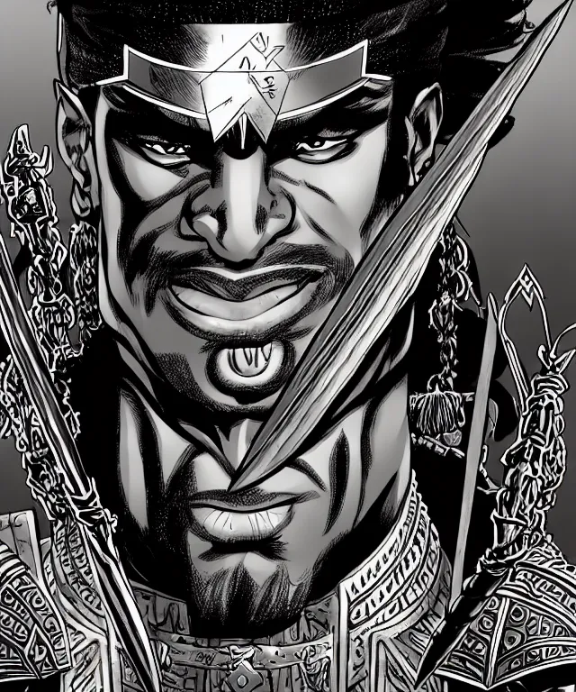 Image similar to a ( fantasy comic ) ( cover art ) portrait of a ( egyptian warrior ) who looks like ( keith david in they live ), digital illustration by tomoyuki yamasaki and sana takeda and kentaro miura, fine inking lines, vivid colors, dnd, photorealistic, hd, 4 k, trending on artstation