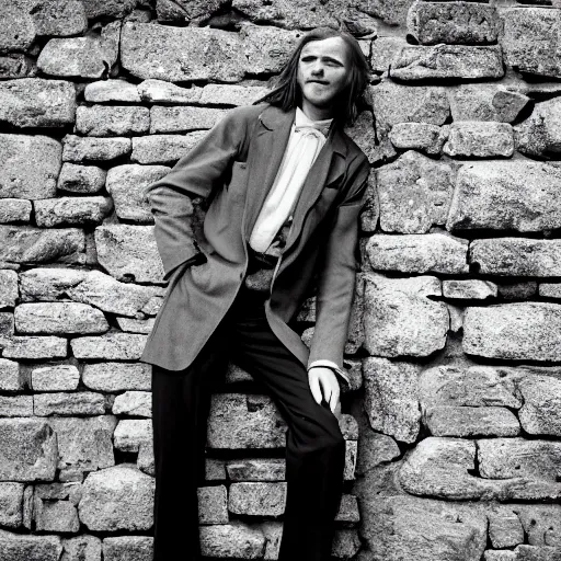 Prompt: 4K photograph of a panicked dishevelled slender young man with long hair in 1930s apparel backed against a stone wall trying to protect himself. Dramatic lighting