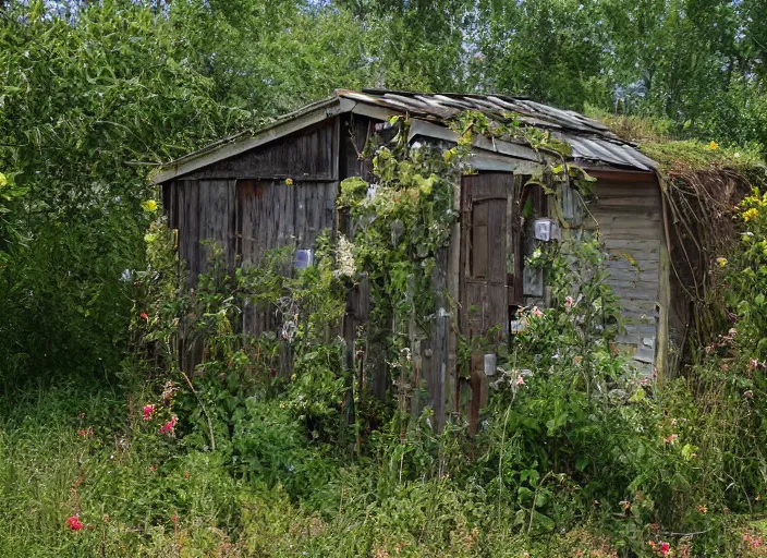 Image similar to post apocalyptic overgrown shed, covered in vines with wildflowers growing near the base, 3 PM sunny, humid