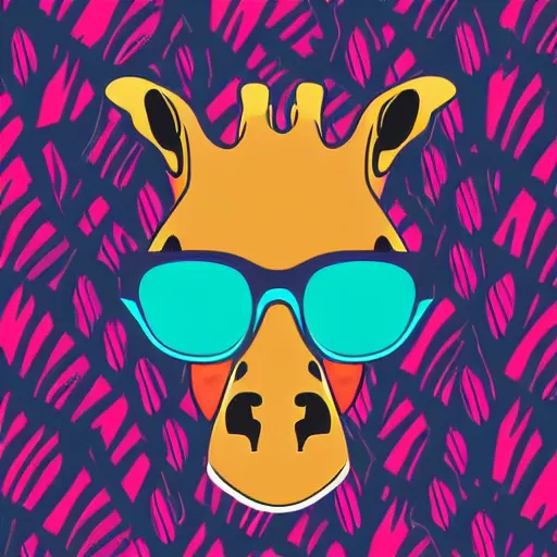 Image similar to a closeup of a giraffe wearing shades, in retro colors, synthwave style, 2 d digital vector art