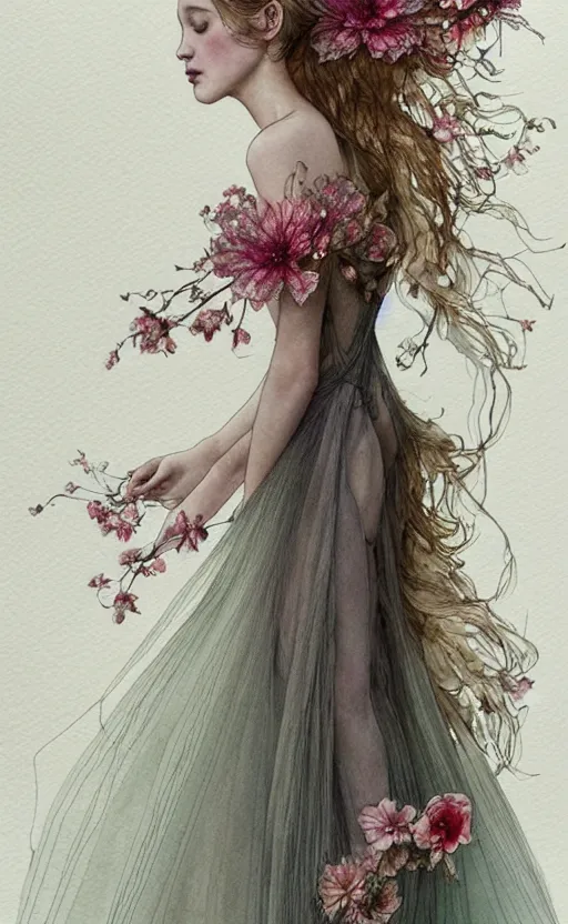 Prompt: study of a flower fairy, long wavy hair, wearing alexander mcqueen dress, lace detail, tulle, illustration, watercolor, alan lee, detailed, pretty, ethereal, realistic, artstation,