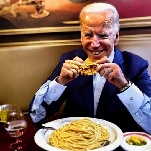 Prompt: Joe Biden eating pasta in an Italian restaurant