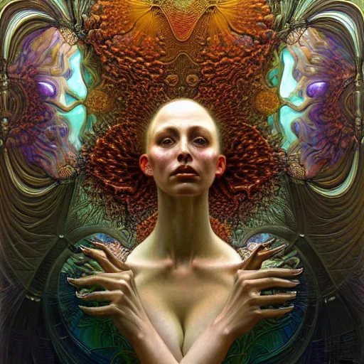 Prompt: mandelbulb of dreams by iris van herpen!, alphonse mucha!!, zdzisław beksinski!, raymond swanland. highly detailed!, hyper - real, beautiful!