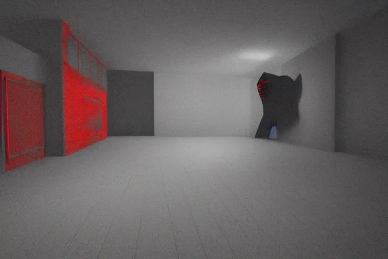 Image similar to cctv of an extremely dark empty room with evil horror cryptid monster made out of static, dark deep black shadows, crimson red and black color contrast in the style of trevor henderson and james ensor goya, liminal space, 3 d render, glitch effect