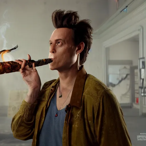 Image similar to hyperrealistic dslr film still of ace ventura pet detective smoking a crack pipe, stunning 8 k octane comprehensive 3 d render, inspired by istvan sandorfi & greg rutkowski & unreal engine, perfect symmetry, dim volumetric cinematic lighting, extremely hyper - detailed, extremely lifelike attributes & lifelike texture, intricate, masterpiece, artstation, stunning