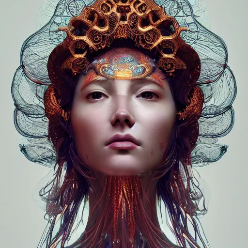 Image similar to goddess portrait. jellyfish phoenix head. intricate artwork by Tooth Wu and wlop and beeple. very coherent symmetrical artwork. cinematic, hyper realism, high detail, octane render, 8k