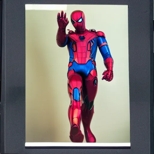 Image similar to a single iron man and spider - man hybrid, dslr, polaroid