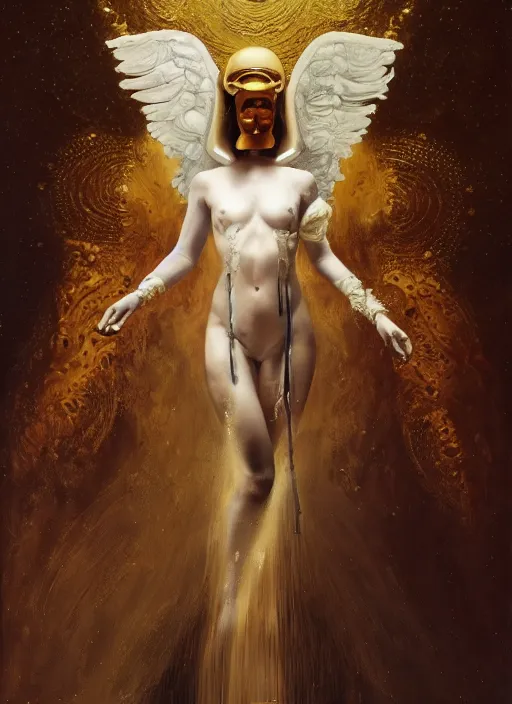 Prompt: highly detailed oil painting | very intricate | cinematic lighting | award - winning | astronaut angel high fashion by alexander mcqueen | by roberto ferri, by tom bagshaw, by j. c. leyendecker and klimt, american romanticism, by austin osman spare, artstation, cgsociety, official art, octane