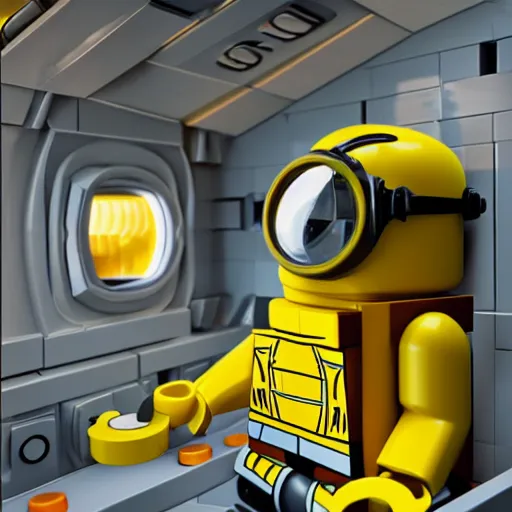 Image similar to lego minion astronaut in the spaceship by goro fujita by beeple, realism, sharp details, cinematic, highly detailed, digital, 3 d, yellow colors