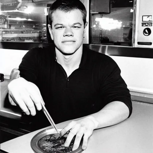 Image similar to matt damon working at mcdonald ’ s in 1 9 7 0 s