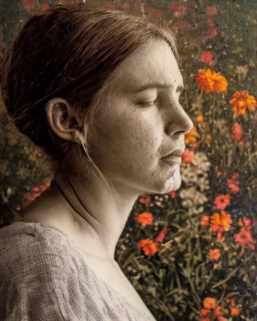 Prompt: a woman's face in profile, made of wildflowers, in the style of the dutch masters and gregory crewdson, dark and moody