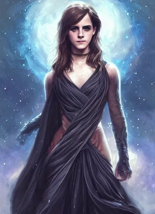 Prompt: emma watson as dark magic celestial, long hair, black and transparent cloth, space, D&D, shiny background, intricate, elegant, highly detailed, digital painting, artstation, concept art, smooth, sharp focus, illustration, artgerm, bouguereau