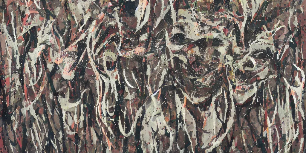 Image similar to camo made of teeth, smiling, abstract, francis bacon artwork, cryptic, dots, stipple, lines, splotch, color tearing, pitch bending, faceless people, dark, ominious, eerie, minimal, points, technical, old painting