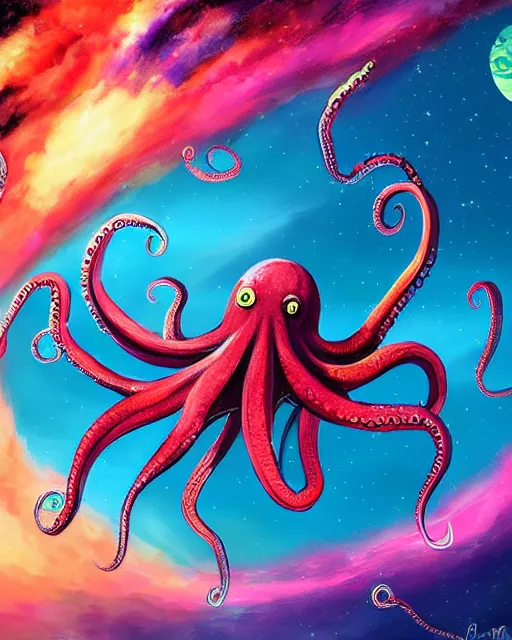 Prompt: octopus flying in space, colorful detailed digital painting, professional concept art, best of art station