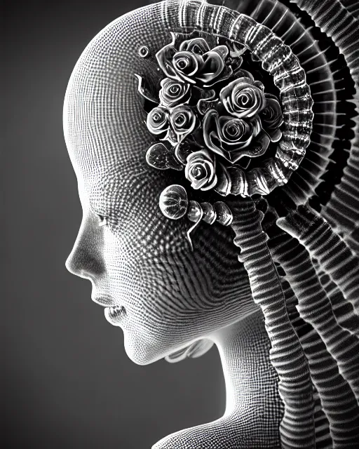 Image similar to mythical dreamy black and white organic bio - mechanical spinal ribbed profile face portrait detail of translucent steampunk beautiful female angelic - human - queen - vegetal - cyborg, highly detailed, intricate crystal ivy jelly ornate, poetic, translucent roses ornate, 3 d render, digital art, octane render, 8 k artistic photography, photo - realistic, by dora maar