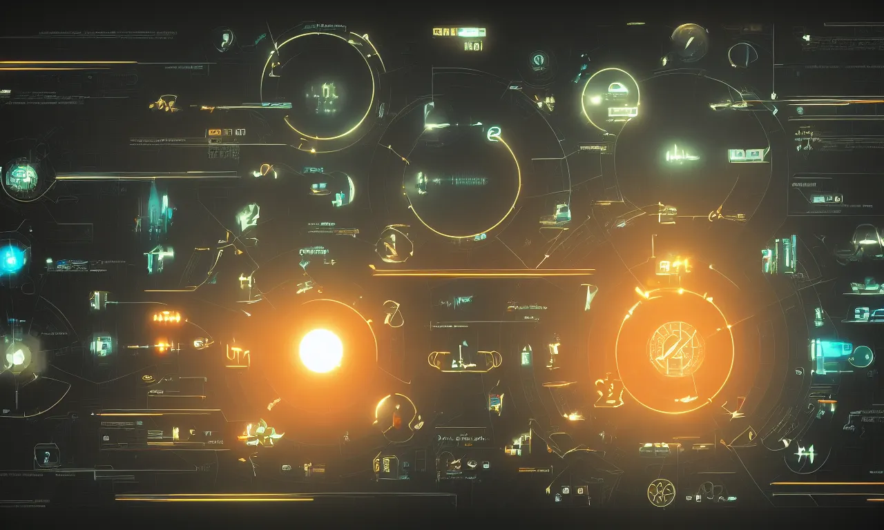 Image similar to futuristic application icons, GUI, software ICONS, operating system icons, design, modern, cinematic lighting, cinematic composition, in blade runner style