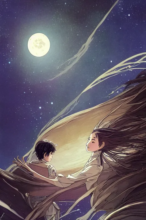 Image similar to a full moon containing the glimmering stairways to otherworldly galaxies, high intricate details, rule of thirds, golden ratio, cinematic light, anime style, graphic novel by fiona staples and dustin nguyen, by beaststars and orange, peter elson, alan bean, studio ghibli, makoto shinkai