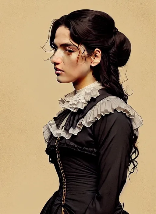 Image similar to a portrait of a young hispanic woman with a crooked nose in victorian clothing, confident pose, intricate, elegant, sharp focus, illustration, highly detailed, concept art, matte, trending on artstation, anime, art by james jean and artgerm and brian despain and alberto mielgo, greg rutkowski, wlop, ilya kuvshinov, strong strokes