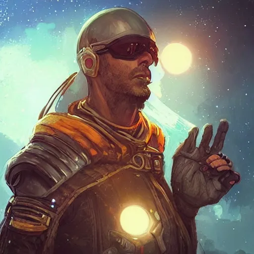 Image similar to “A portrait of a space pirate with his ship in the background, D&D sci-fi, artstation, concept art, highly detailed illustration.”