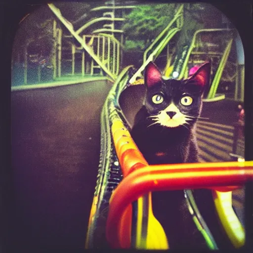 Prompt: black cat in a rollercoaster. the cat is enjoying the ride. sunlight. polaroid photo. saturated colors. selfie
