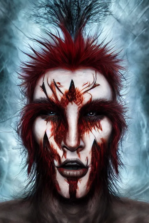 Prompt: male fantasy character, fiery red hair loops around face and head, black tattoos around both eyes, tribal crazy look, hyper realism, highly detailed, fantasy, biological, wide fov, lunar background