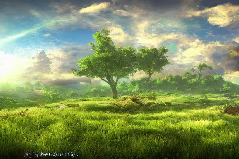 Prompt: Beautiful Fantasy Landscape Grass Plains of Heaven, called The Trails of Avidalna. Realistic Fantasy Render.