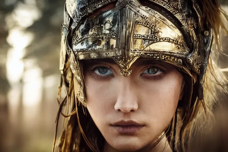 Image similar to close - up photo of a beautiful warrior princess in a battle scene, detailed eyes, shallow depth of field, photorealistic, cinematic lighting, lovely bokeh, warm colours, dusk