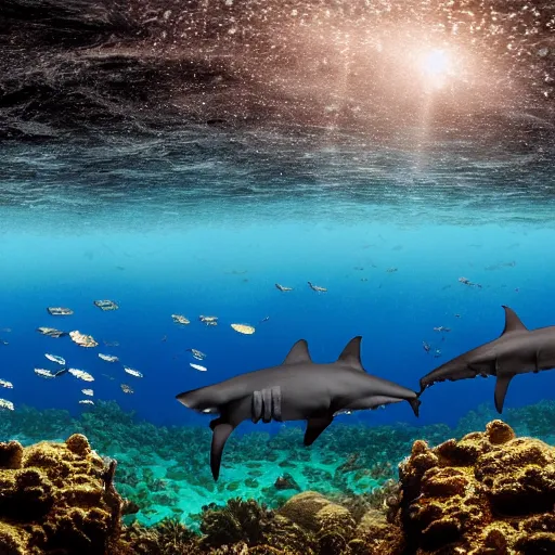 Image similar to hyperrealistic underwater photography, panoramic picture of an ocean floor with in the distance are some hammerhead sharks. focus on the sharks. the sharks are anatomically correct and highly detailed. lots of bubbles. seaweed and some rocks. gloomy scattered light entering from the water surface, trending on artstation, hq, 8 k