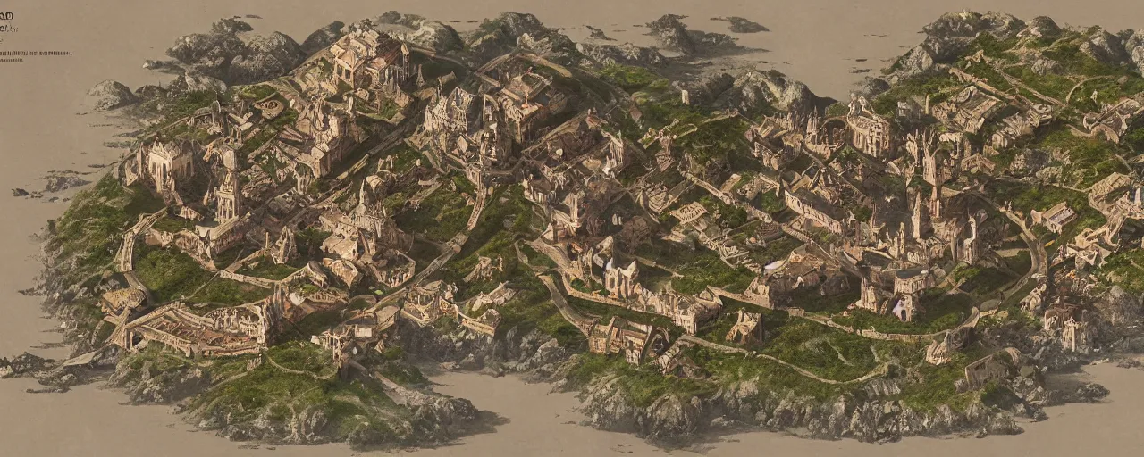 Image similar to stunning D&D top-down map of a medieval coastal city, trending on artstation, cgsociety, 4k, art by Greg Rutkowski and Mike Schley and Jared Blando