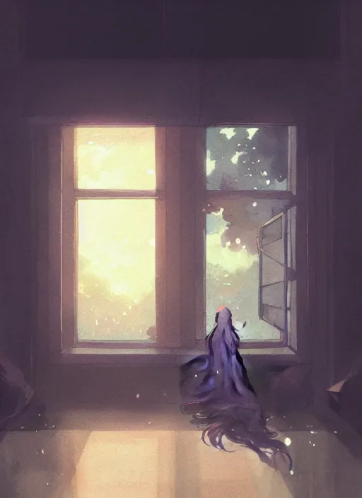 Image similar to interior, near the window, focus the window, rainy outside the room, illustration concept art anime key visual trending pixiv fanbox by wlop and greg rutkowski and makoto shinkai and studio ghibli