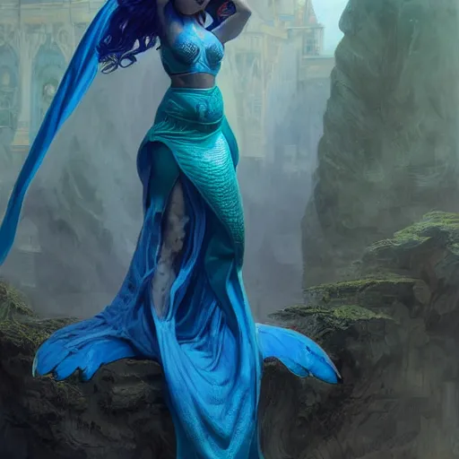 Image similar to blue-skinned mermaid robed priestess, surprised and confused looking at her raised hand in shock, dramatic, action shot, wide angle shot, D&D fantasy magic, intricate, highly detailed, digital painting, artstation, smooth, sharp focus, illustration, art by artgerm and greg rutkowski and alphonse mucha