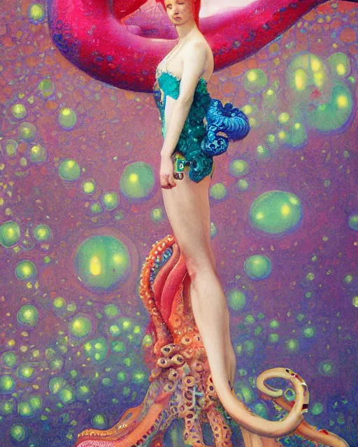 Image similar to a beautiful girl underwater wearing a colourful octopus as a dress and surrounded by glowing jellyfish, painted by edgar maxence, edward hopper, wayne barlowe and james gilleard, airbrush, art by jamesjean