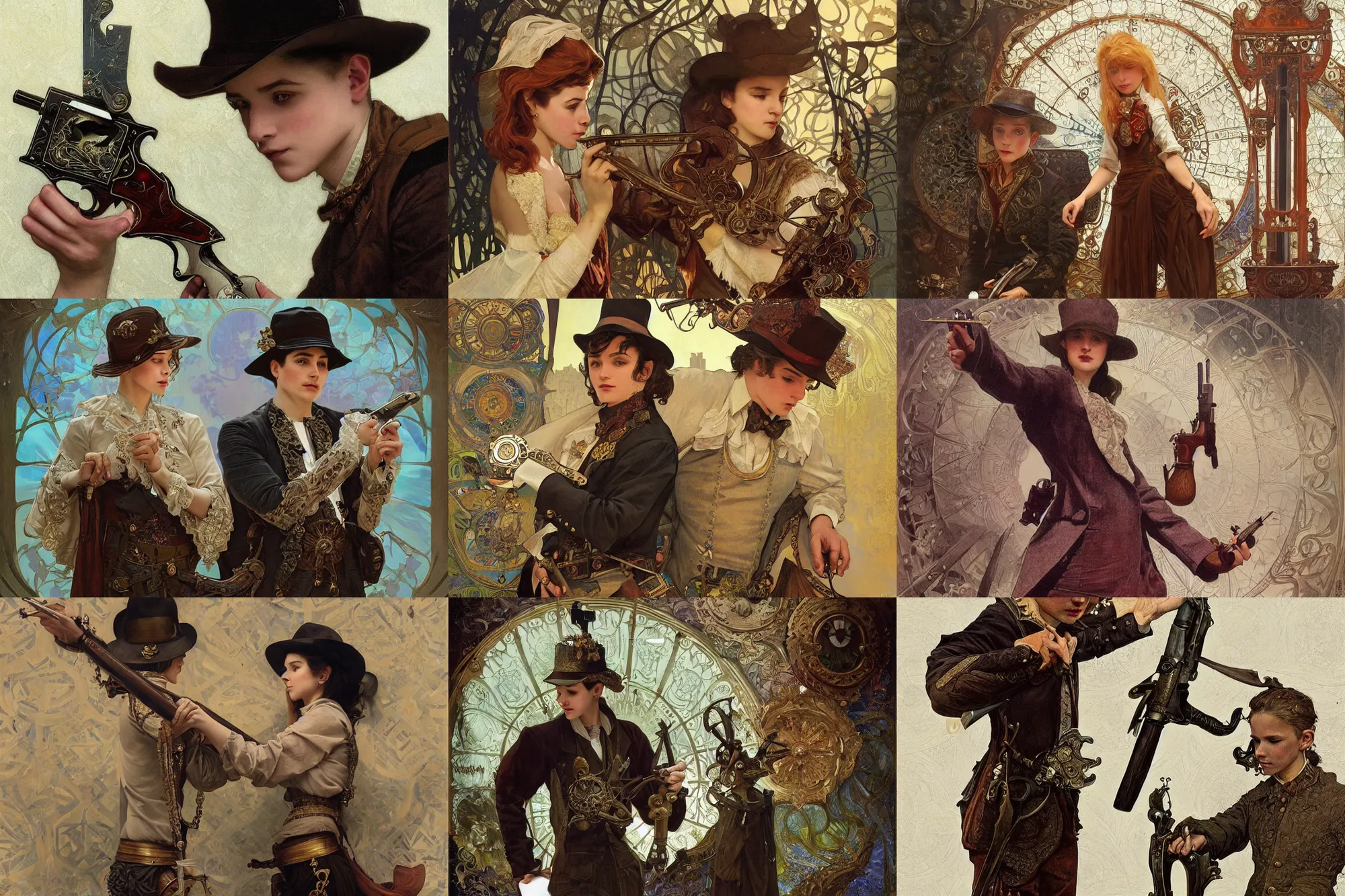 Prompt: young magician aiming a pair of antique revolvers, fantasy, intricate, elegant, highly detailed, digital painting, artstation, concept art, smooth, sharp focus, illustration, art masterpiece by art by Krenz Cushart and Artem Demura and alphonse mucha, ArtGerm, Jon Lothian, Danilo Torres, Adi Meyers, Thomas Reimann, Christoph Wohlgemuth