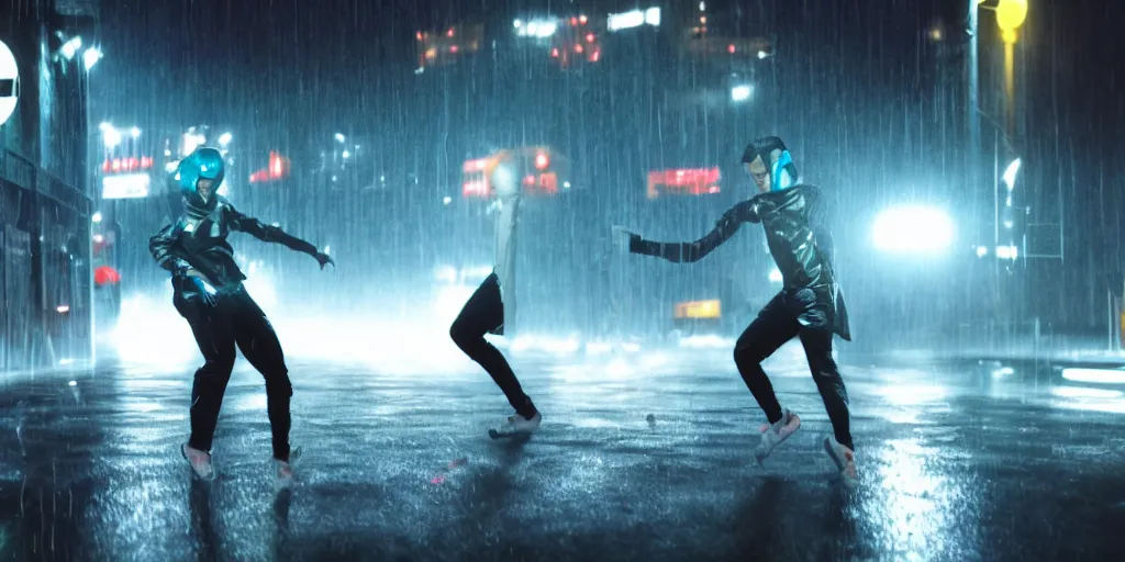 Image similar to cinematic camera wide angle of slow motion film still of futuristic break dancer wearing latex with neon lights, long exposure shot , at night in the middle of a rainy and foggy street, paddle of water, water splashes, rim lights, glossy reflections, water droplets on lens, octane render, detailed and soft, by laurie greasley