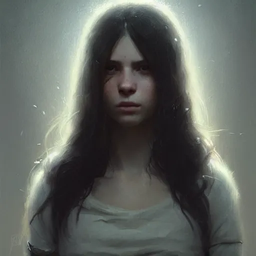 Prompt: highly detailed portrait of a young woman with long dark hair, art by greg rutkowski, unreal engine, high quality, vivid, stunning lighting